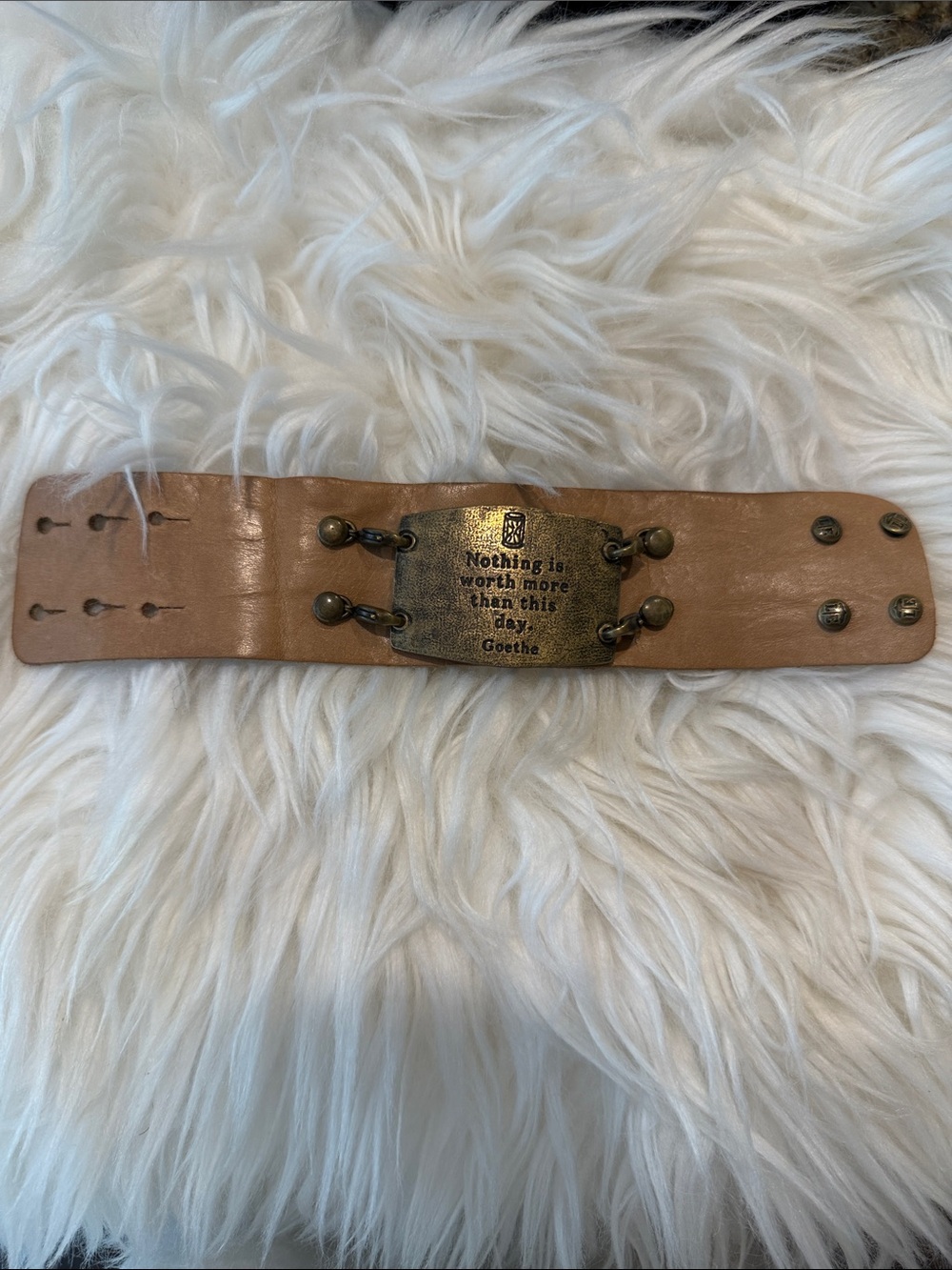 Tan Leather Cuff Bracelet with Brass Logo Studs